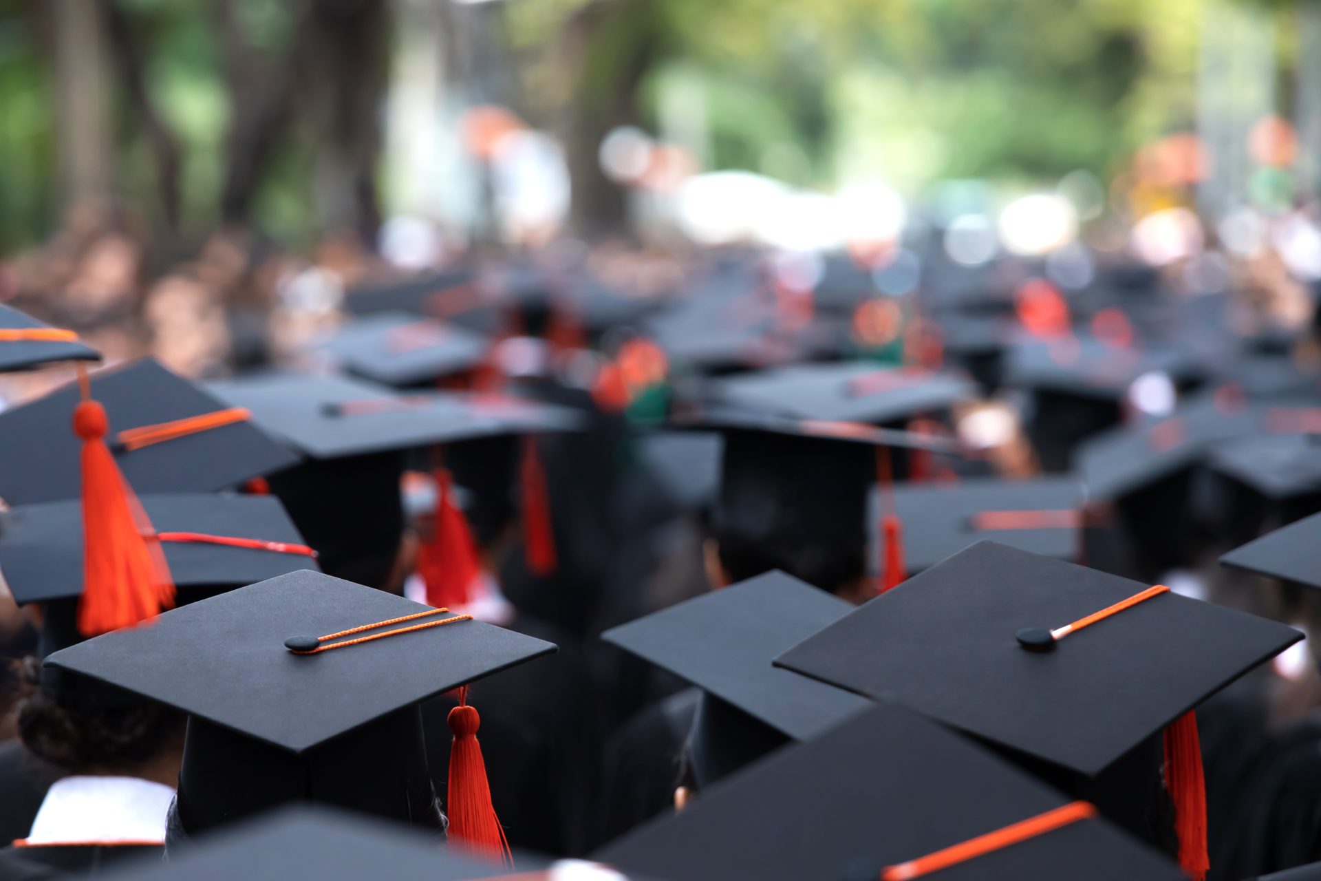 Group of Graduates during graduation ceremony, hats visible only.