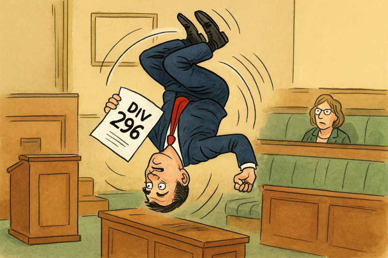 Cartoon of Jim Chalmers' doing a backflip on DIV296