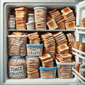 A realistic and detailed image of a freezer completely packed with toast crusts. The toast crusts are neatly stacked and stored in various containers