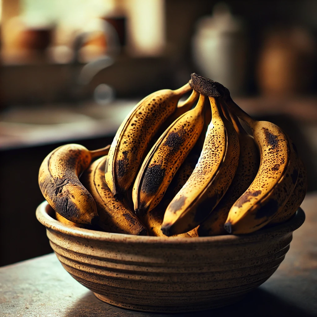 A bowl of overripe bananas sitting on a counter top, as it is impossible to buy the right amount of bananas when you have two children.